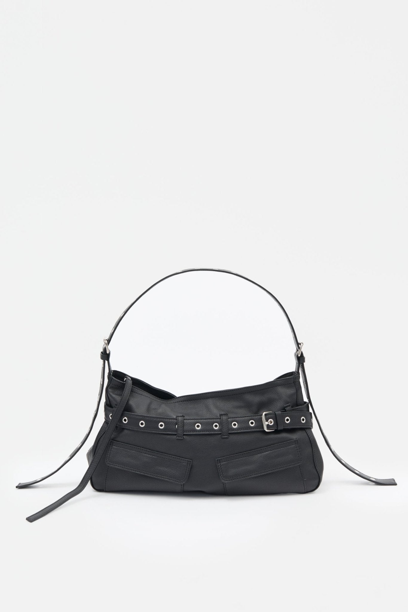 Black leather handbag with a belt detail on a white background