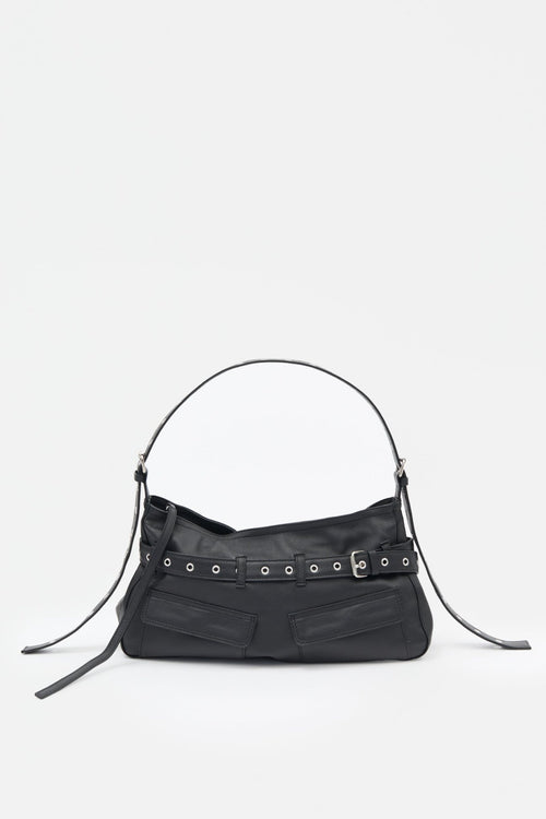 Black leather handbag with a belt detail on a white background