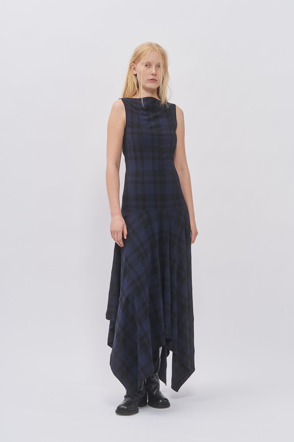 Taus Asymmetrical Dress in navy and black check, front view showing the high neck and asymmetric handkerchief hem