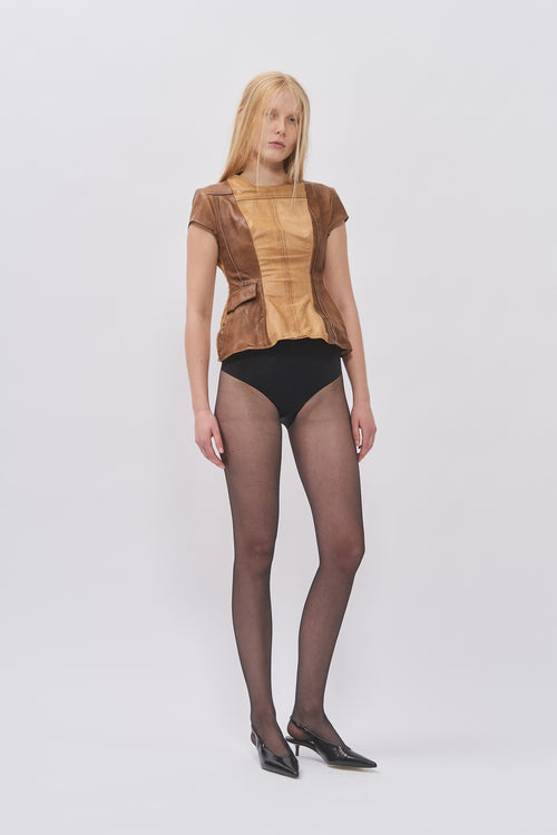 Taus Upcycled Leather Top in brown and tan, short-sleeve panelled peplum top, front view